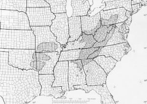 native range map for black locust showing historic presence in the Appalachians and the Ozarks